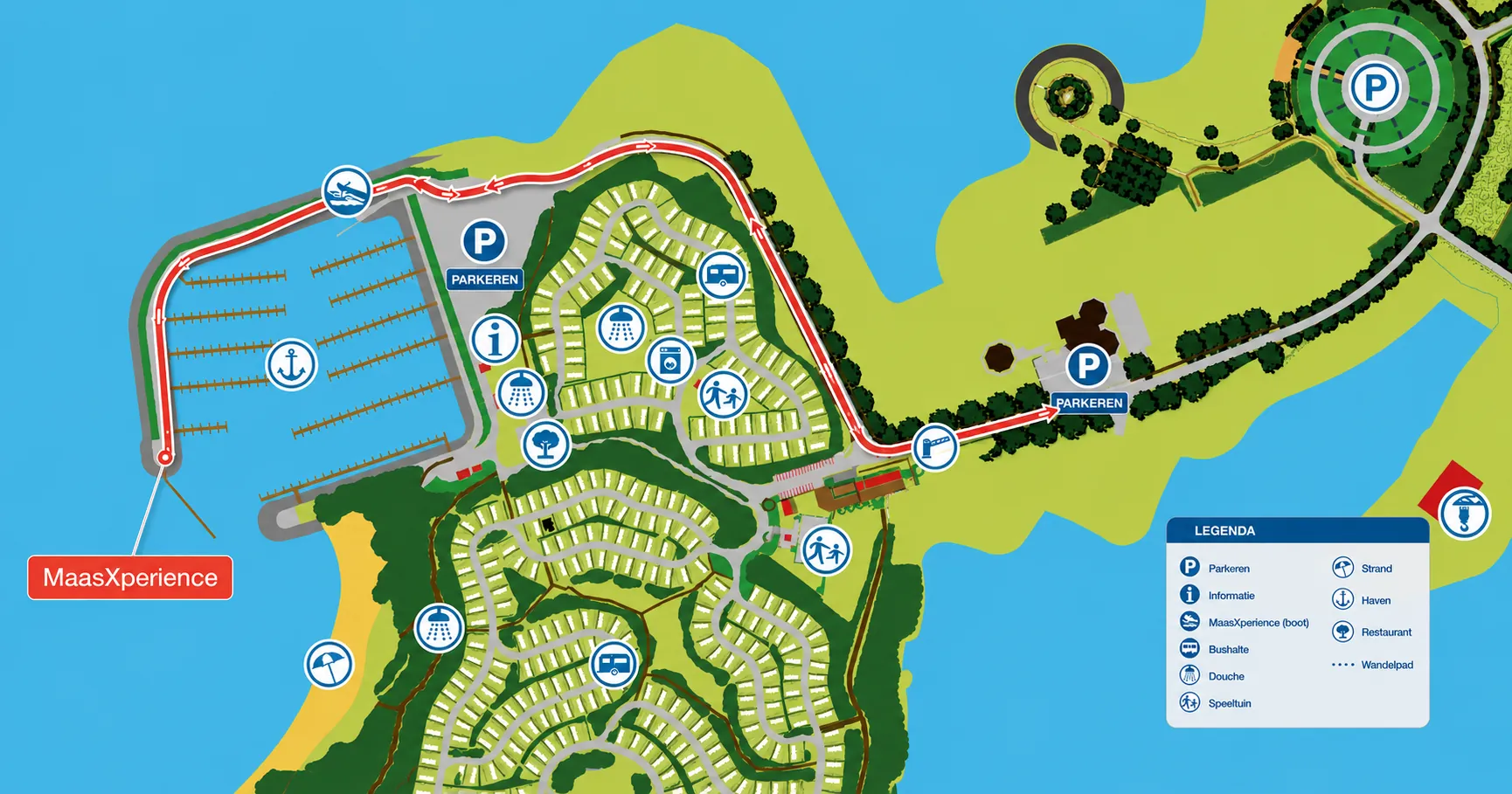 Routekaart van de parkeerplaats naar de boot van Maas Xperience in de haven van Maaseik